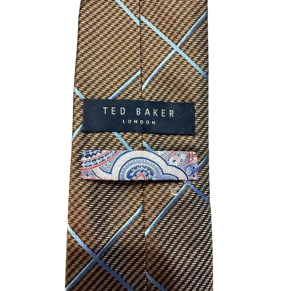 Ted Baker London Brown & Blue Plaid Check 100% Silk Necktie